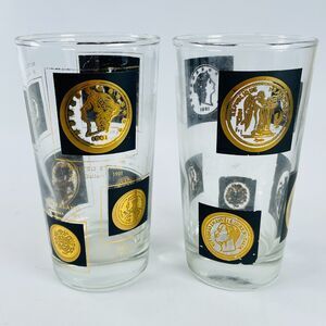 Vtg Cera Highball Glasses Coins Around the World Black Gold MCM Barware Set 2